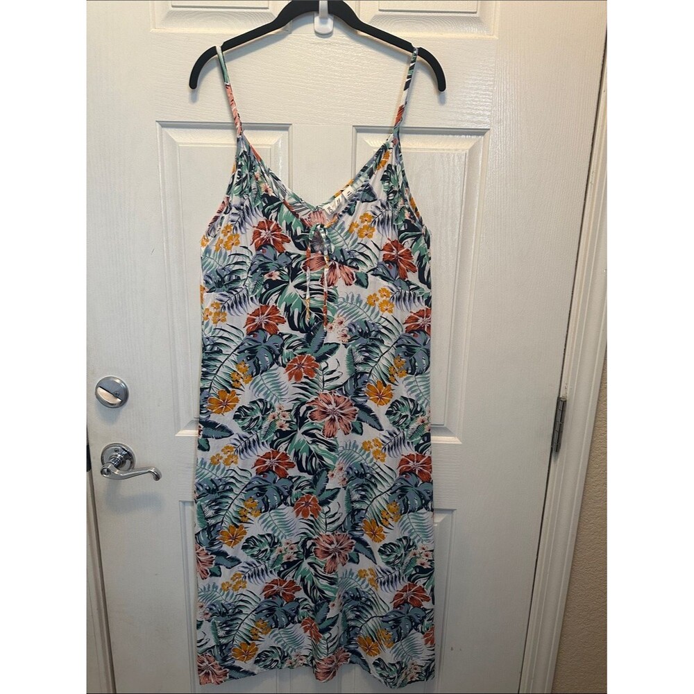 Roxy White Tropical Midi Dress with Green, Orange & Yellow Floral Print Size L